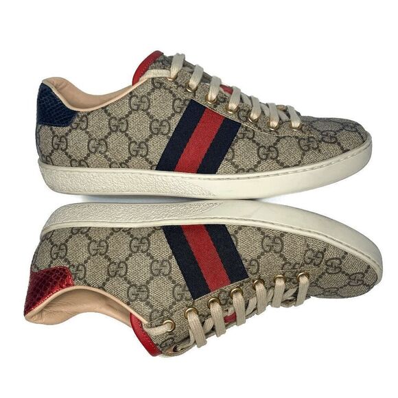 Gucci Ace Web Stripe Sneaker EU 37 US 7 Beige GG Monogram Canvas Low Top Shoe - Picture 5 of 8